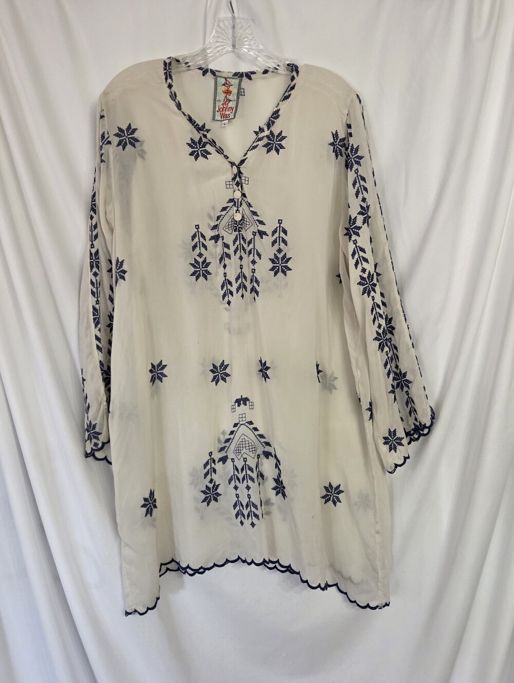 Johnny Was Ivory Semi Sheer Tunic  Navy Embroidery/V Neck Size L